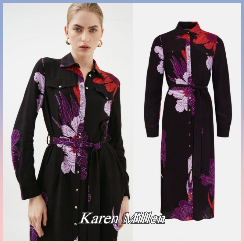 当社の ★Karen Millen★グラフィックフローラルミディシャツワンピース ワンピース 当社の ★Karen Millen★グラフィックフローラルミディシャツワンピース ワンピース