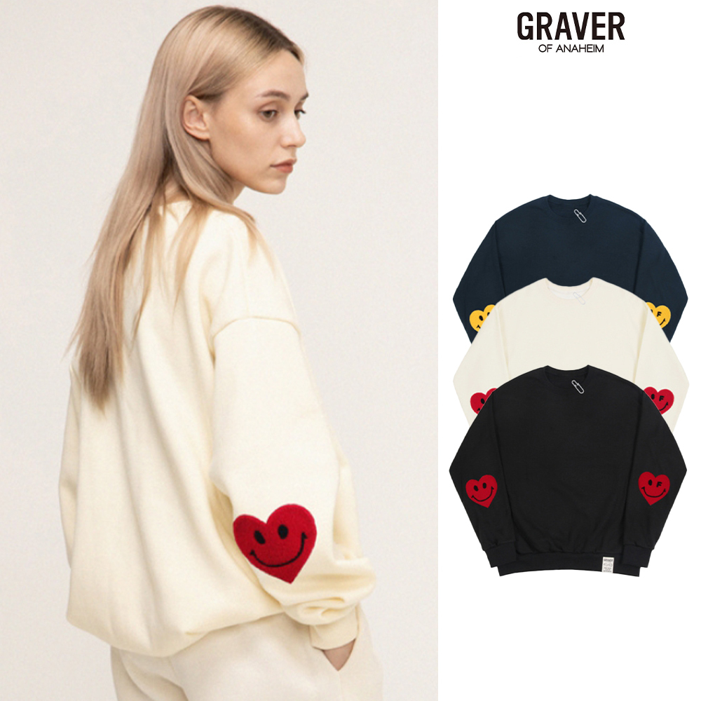 【GRAVER】Elbow Bookle Embroidery Heart Smile Sweatshirt ...