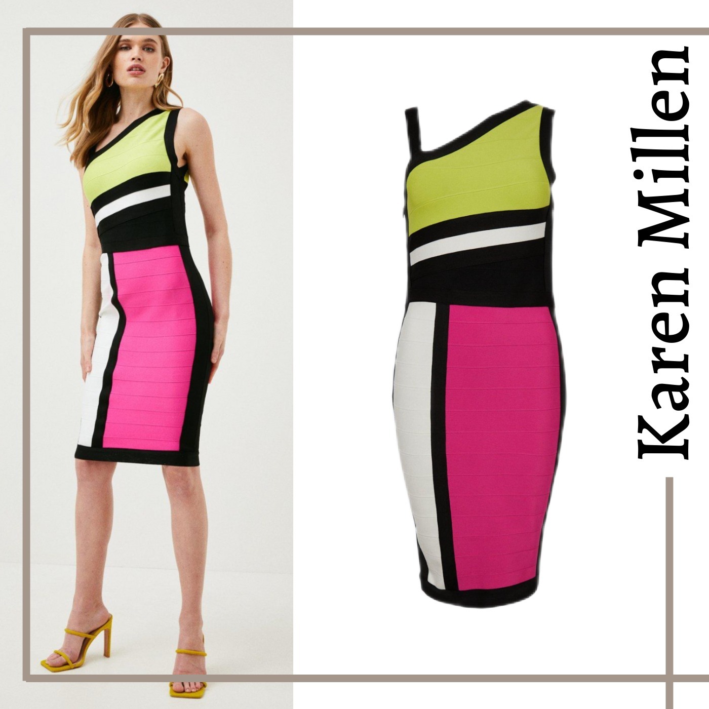 【Karen Millen】非対称タイトミディドレス*カラーブロック ワンピース 【Karen Millen】非対称タイトミディドレス*カラーブロック ワンピース