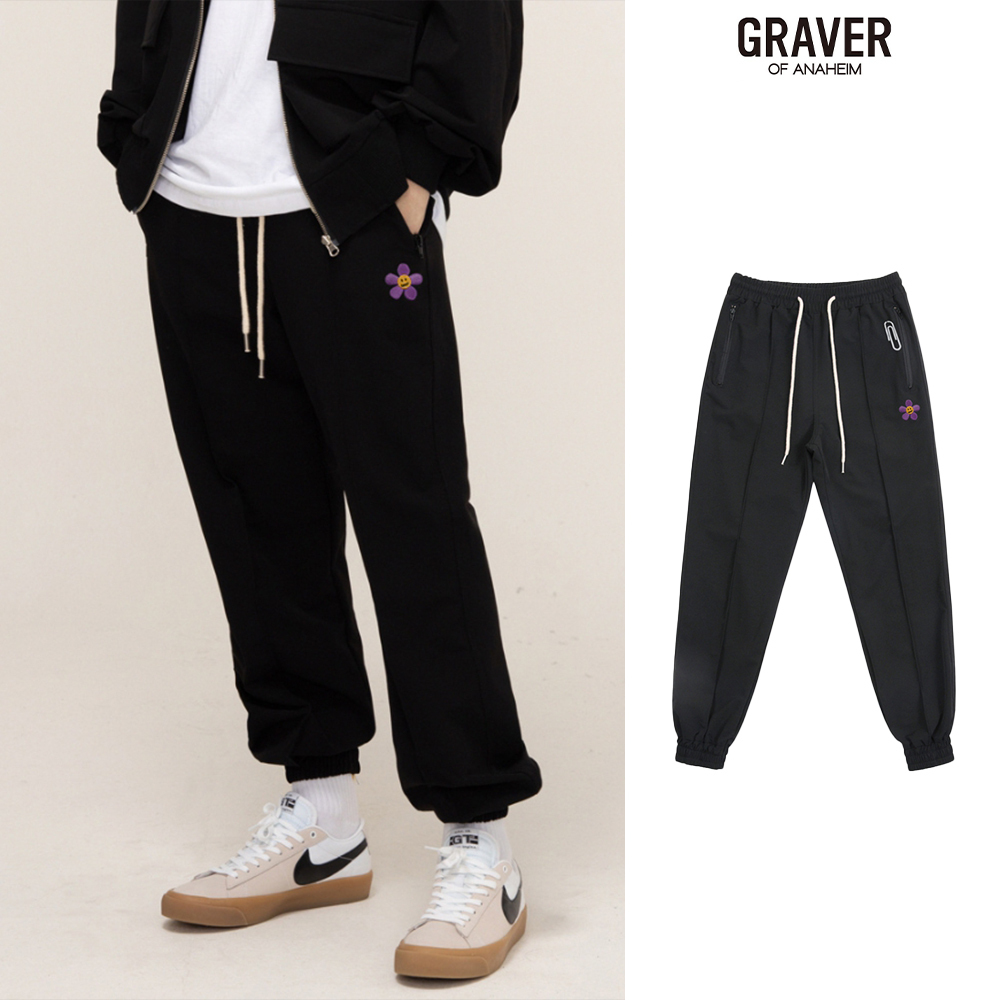 【GRAVER】Zipper Regic Purple Flower White Clip Jogger Pants