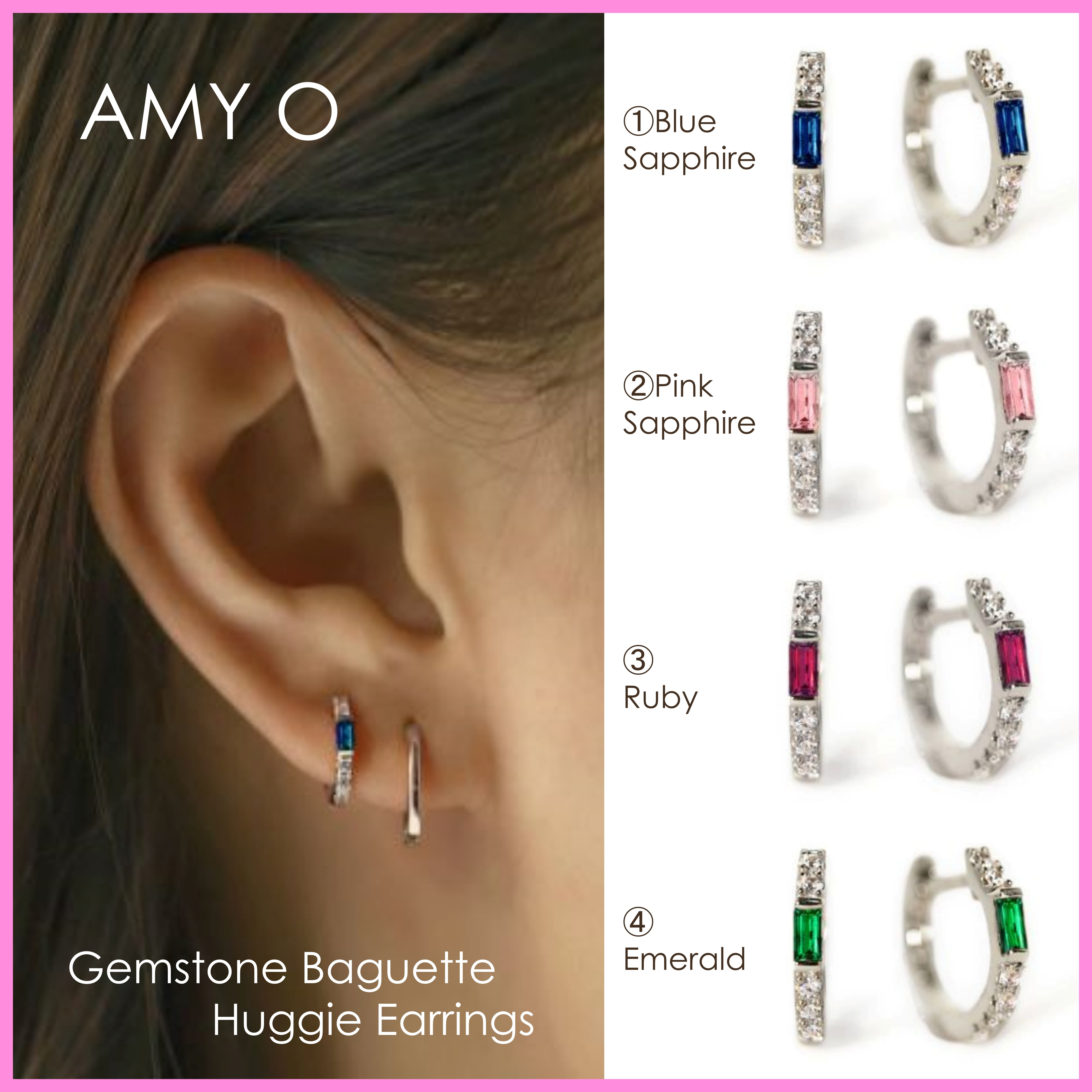 【AMY O】Gemstone Baguette Huggie Earrings/Silver ピアス 4色