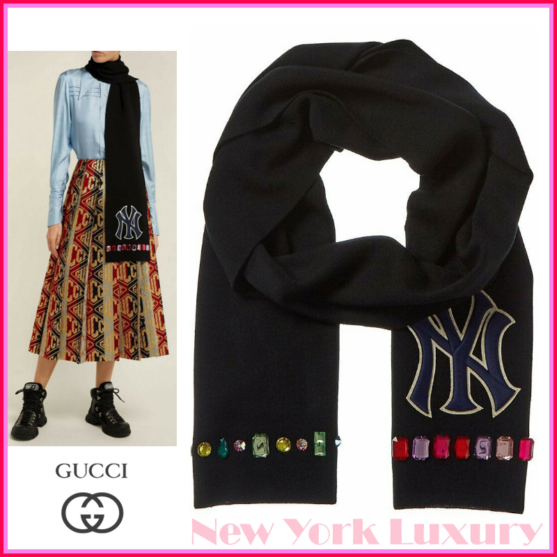 Gucci★素敵！NY Yankee Black Wool Scarf With Gems