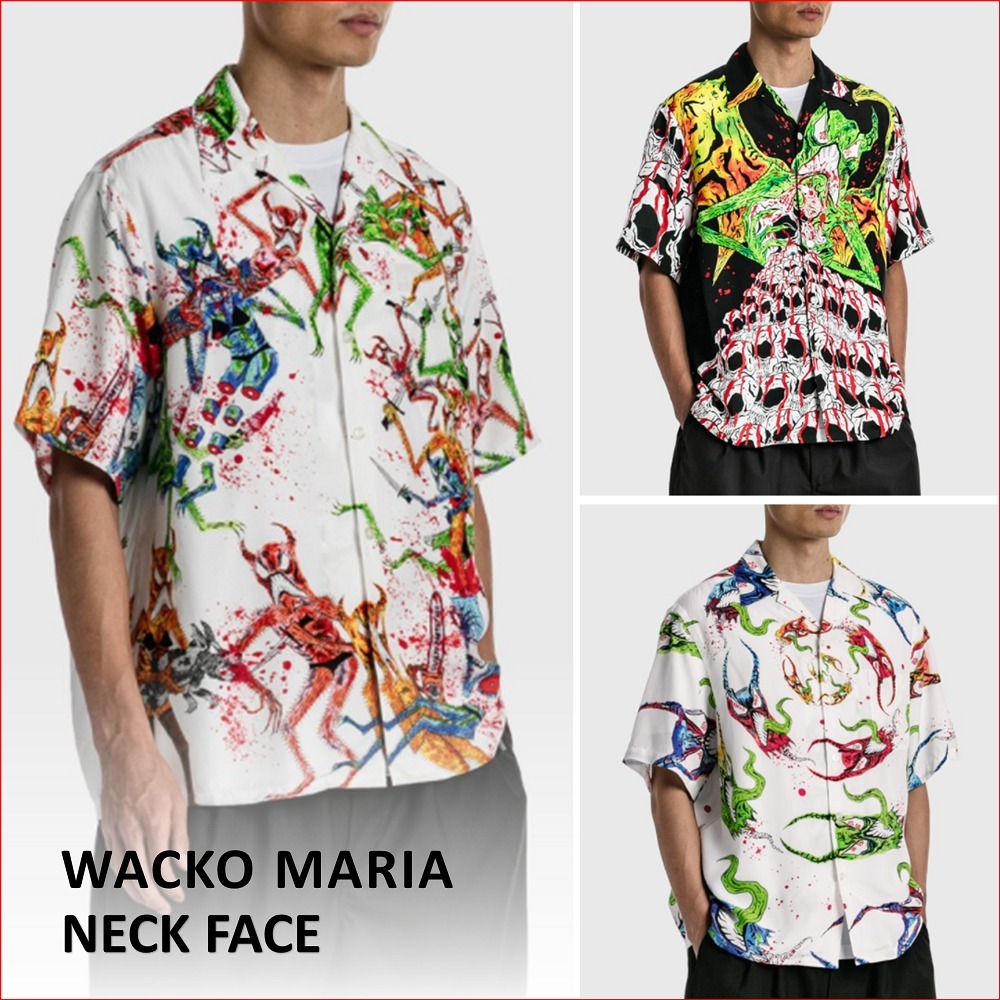 ワコマリア × NECK FACE アロハシャツ 半袖 プリント 黒 白 ワコマリア × NECK FACE アロハシャツ 半袖 プリント 黒 白