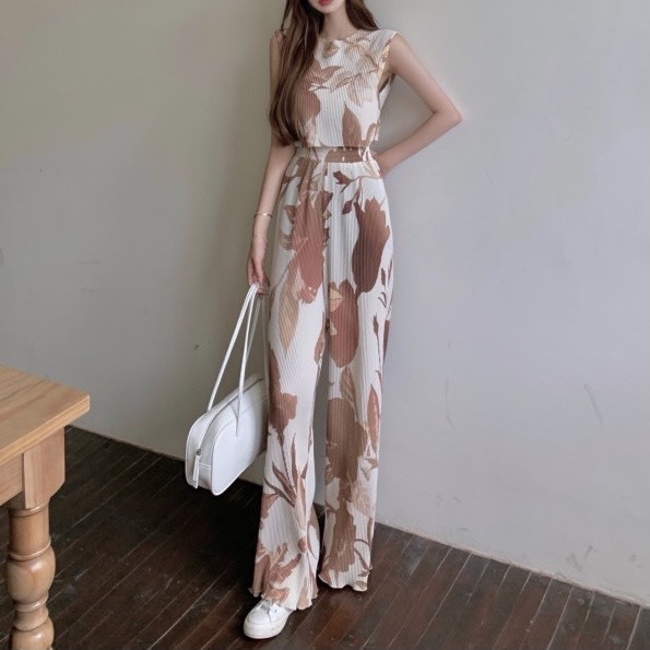 レディース セットアップ ワイドパンツ ノースリーブ 総柄 花柄