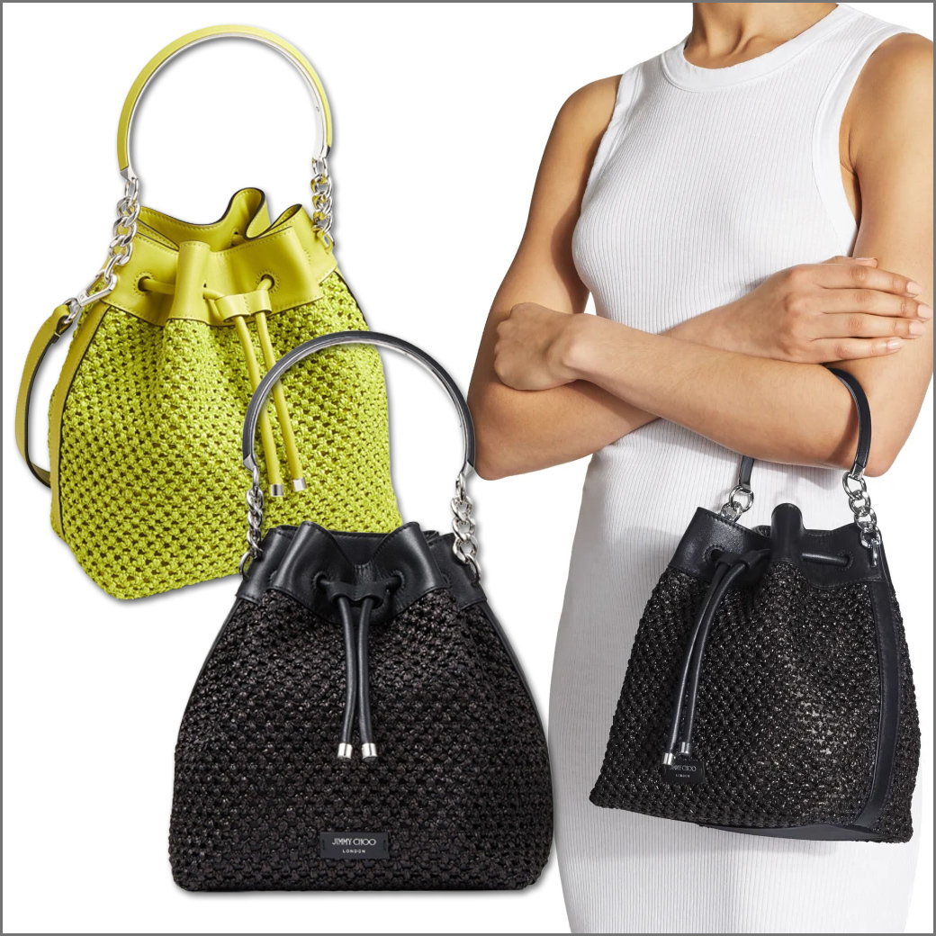超安い】【直営店】Jimmy Choo BON BON ラフィアネット・バケット クリアランス本物 JIMMY バケットバッグ ショルダーバッグ CHOO ショルダーバッグ