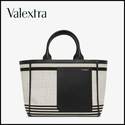 Valextra Totes Stripes Casual Style Unisex Calfskin Canvas Blended Fabrics