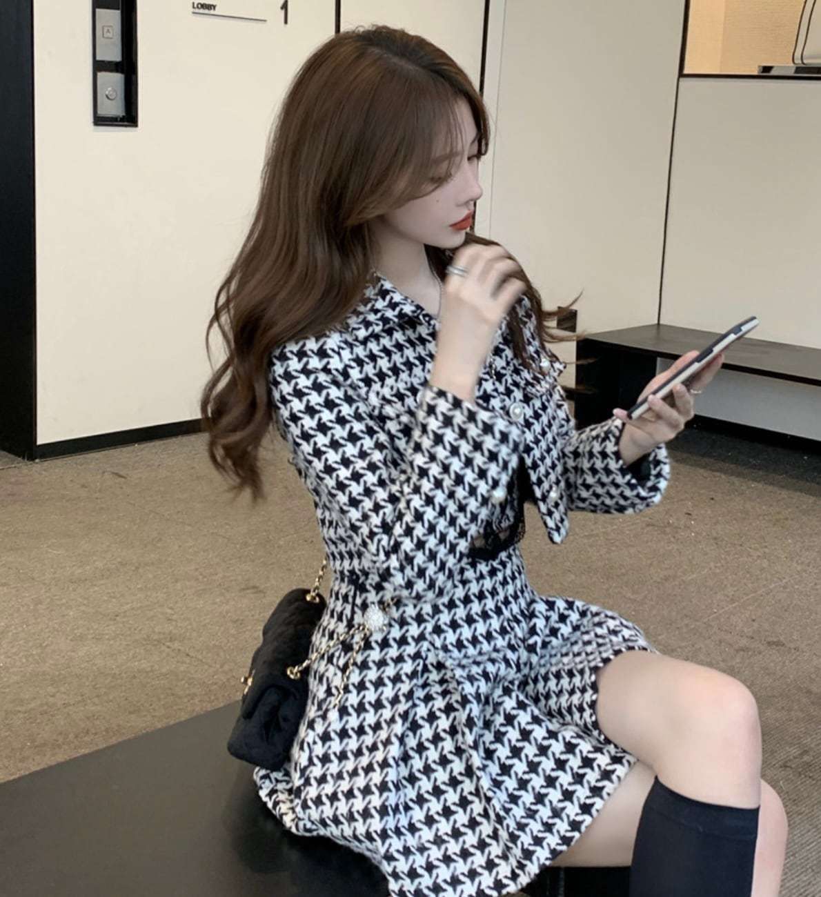 セットアップ 2点セット ジャケット スカート 千鳥格子 韓国系
