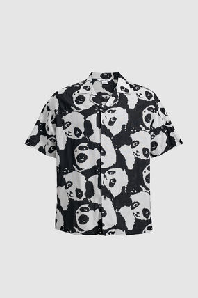 UR URBAN REVIVOメンズパンダ半袖シャツ。ブラック (URBAN REVIVO UR URBAN REVIVOメンズパンダ半袖シャツ。ブラック (URBAN REVIVO