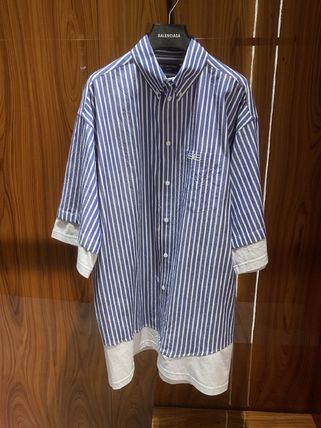 BALENCIAGA Shirts Button-down Stripes Unisex Street Style Short Sleeves