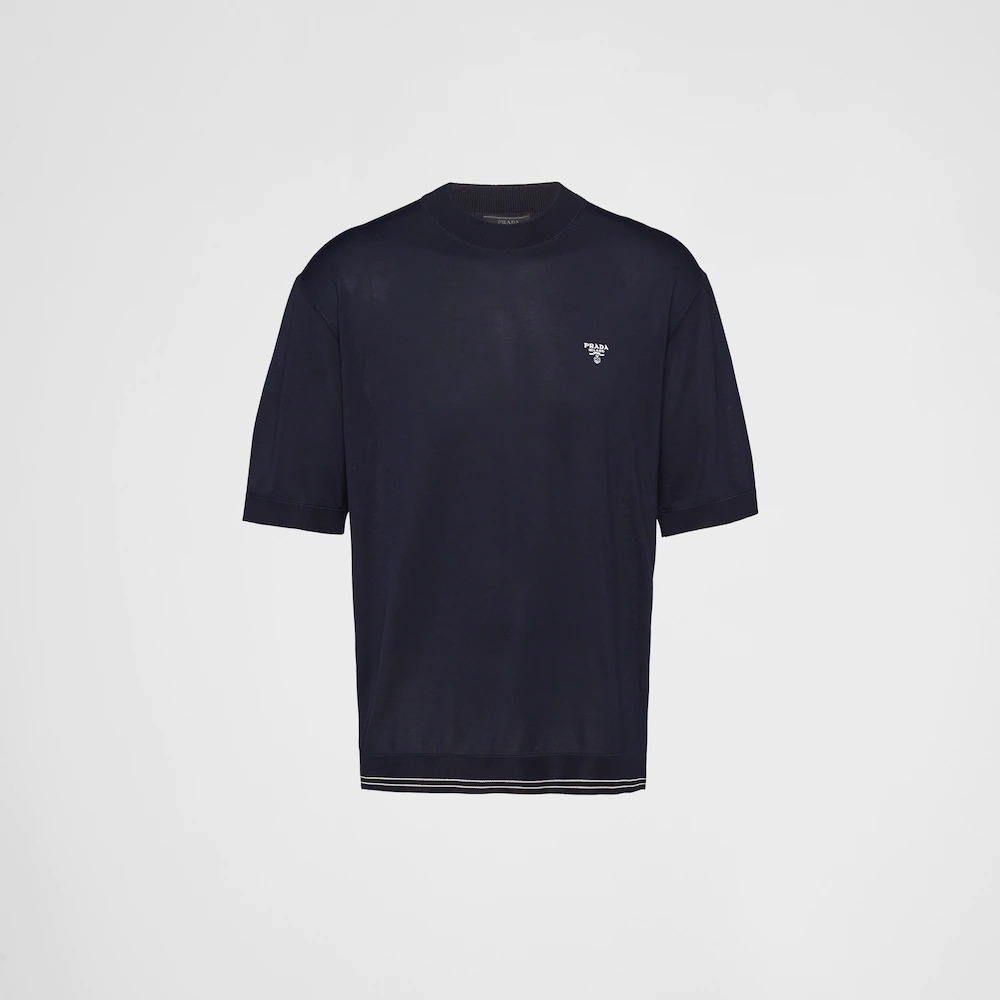 PRADA ニット・セーター 関税込 PRADA 新作 シルク ニット 半袖 Tシャツ 紺 刺繍ロゴ♪(7)