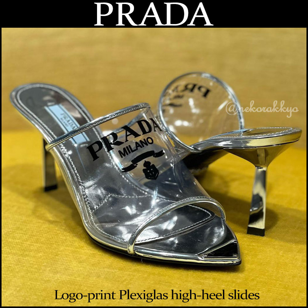 PRADA☆Logo-print Plexiglas high-heel slides☆ミュール☆送込