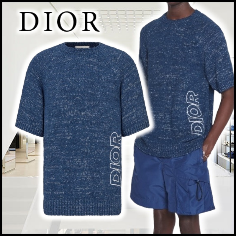 上品 ディオール Dior セーター ブルー コットン ショートスリーブ ニット・セーター 上品 ディオール Dior セーター ブルー コットン ショートスリーブ ニット・セーター