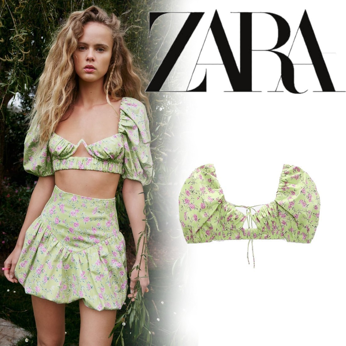 【ZARA/ザラ】クロップドプリントトップス-ピスタチオ 【ZARA/ザラ】クロップドプリントトップス-ピスタチオ