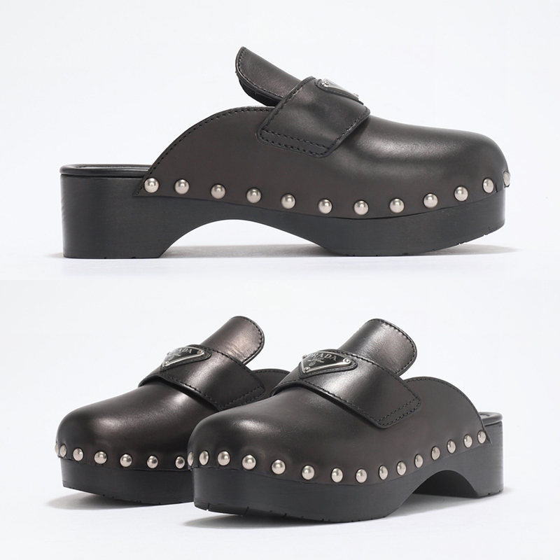 関税負担なし☆PRADA プラダ スタッズ付 レザー クロッグ