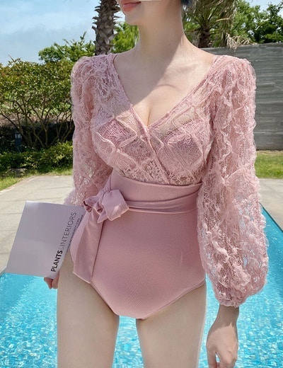 シースルーレース 腕カバー ラッテワンピース水着 シースルーレース 腕カバー ラッテワンピース水着 (ワンピース
