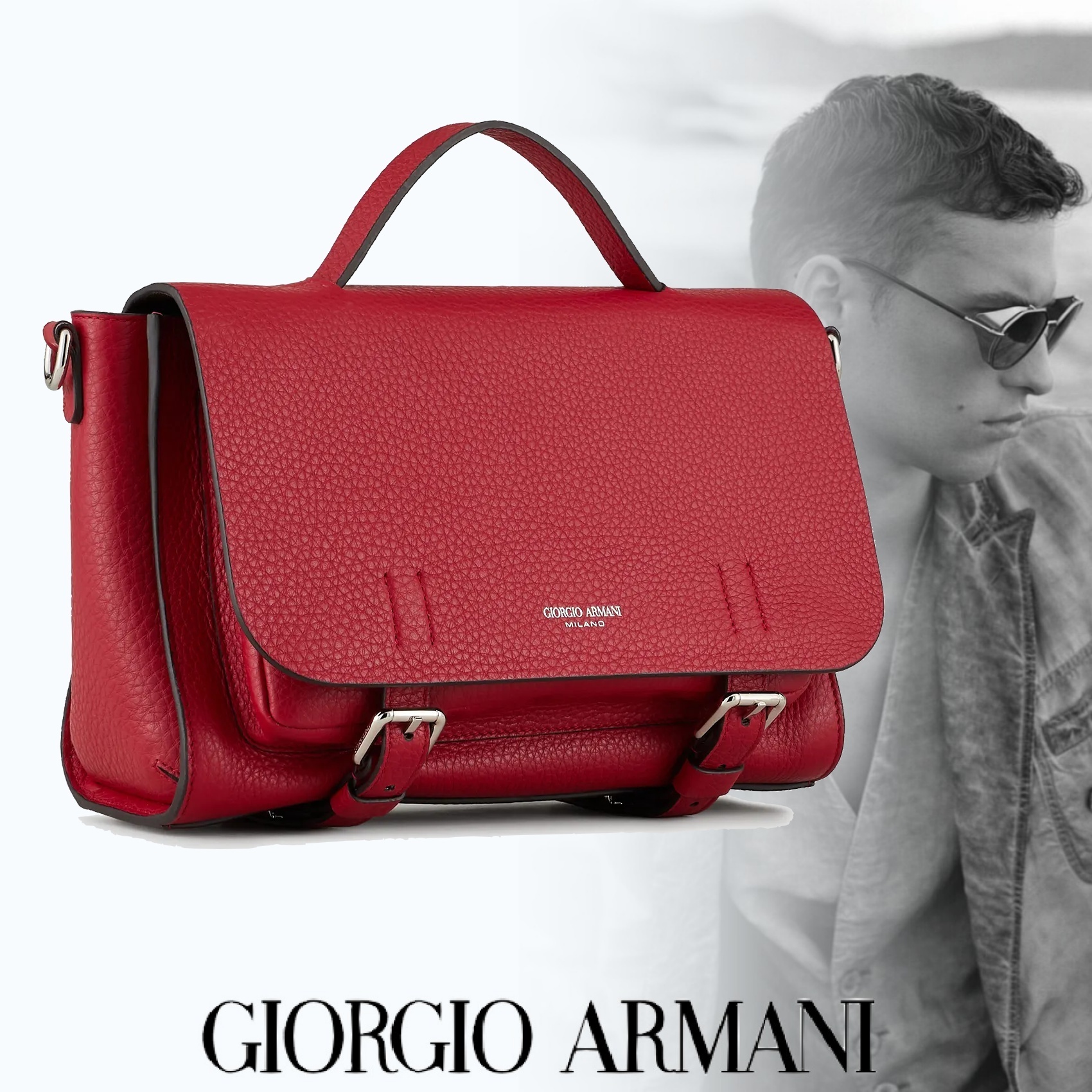 GIORGIO ARMANI カーフ スモールメッセンジャーバッグ レッド