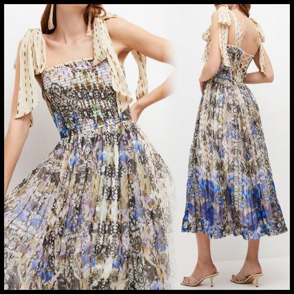 Karen Millen】リボンショルダー フローラル ミディワンピース
