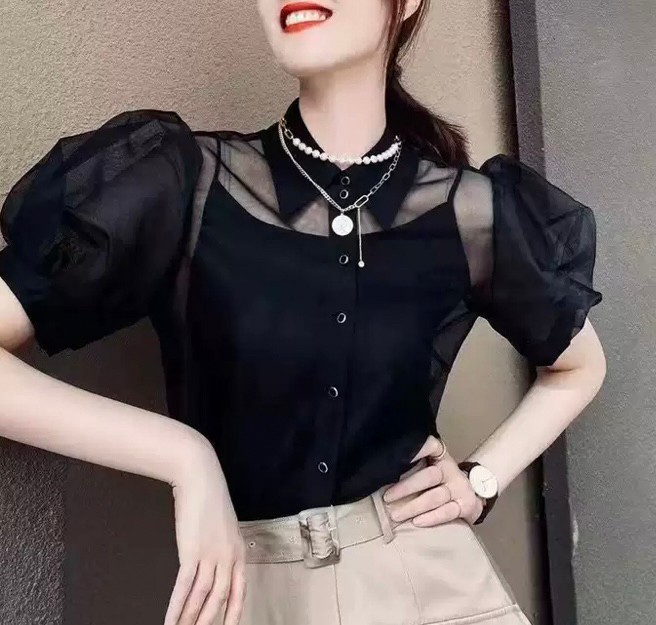 Tシャツ・カットソー オーガンジー半袖シャツ パフスリーブトップス 2ピース251906(6)