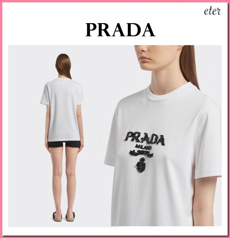 【超特価sale開催!】 【PRADA】大人気!完売前に★ホワイト刺繍インターロックTシャツ Tシャツ・カットソー 【超特価sale開催!】 【PRADA】大人気!完売前に★ホワイト刺繍インターロックTシャツ Tシャツ・カットソー