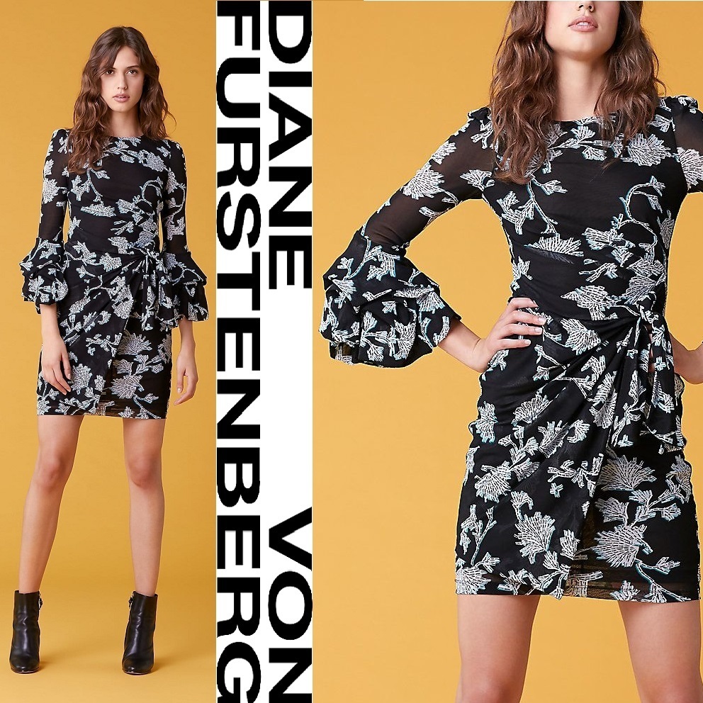 DVF メッシュ花柄プリント フレア袖 タイトワンピース 伸縮 快適
