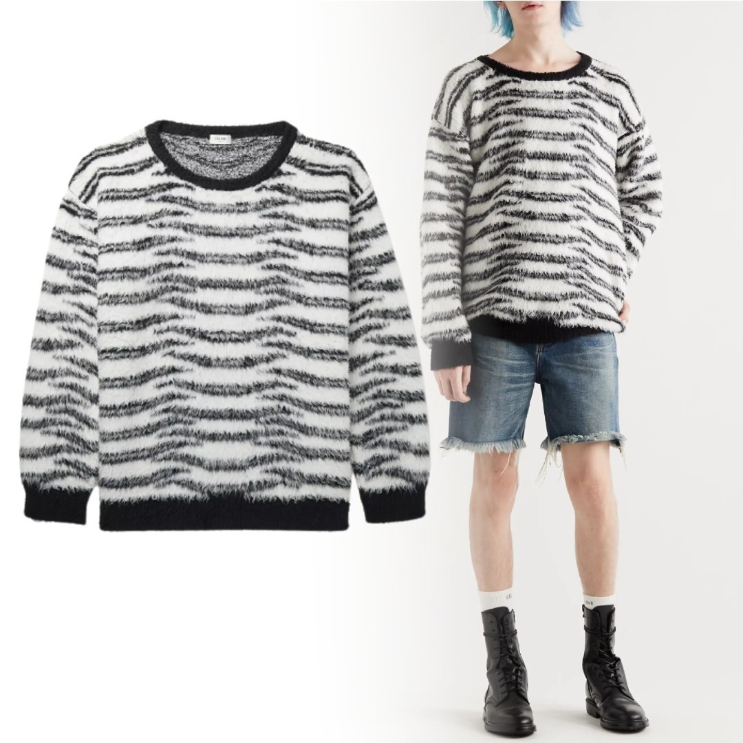 誕生日プレゼント 新作 Cotton-Blendセーター Zebra-Print Oversized HOMME CELINE ニット・セーター 誕生日プレゼント 新作 Cotton-Blendセーター Zebra-Print Oversized HOMME CELINE ニット・セーター