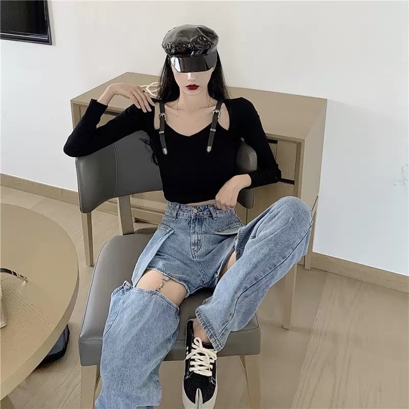 ガーター デニムパンツ ワイドパンツ Y2K ストリート 美脚見え