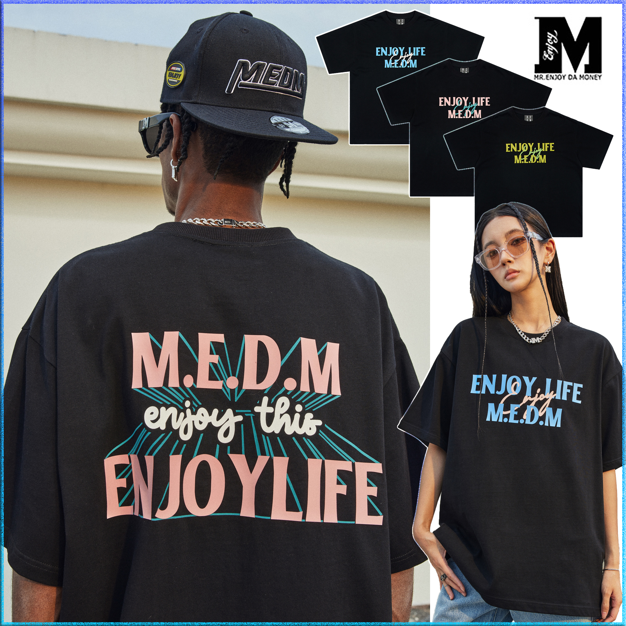 MEDM半袖Tシャツ ロゴ バックリント 大人気 男女兼用 ストリート