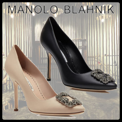 Manolo Blahnik Pointed Toe Plain Leather Pin Heels Party Style With Jewels Office Style