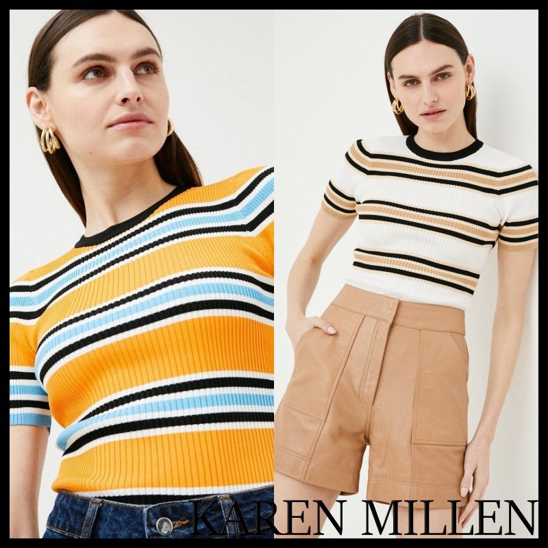 人気大割引 【Karen Millen】*ストライプ 半袖リブニット* Tシャツ・カットソー 人気大割引 【Karen Millen】*ストライプ 半袖リブニット* Tシャツ・カットソー