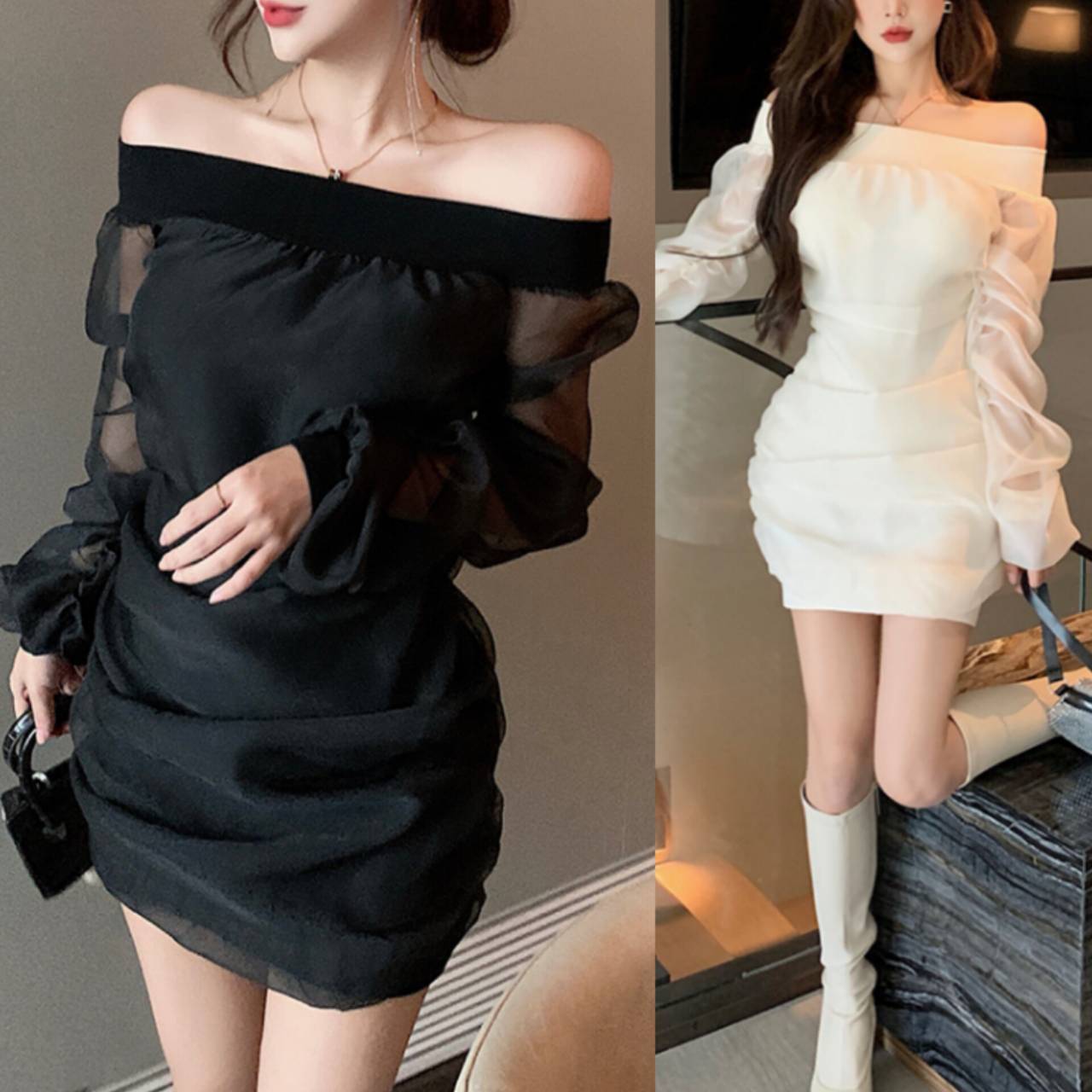 ドレス ショート オフショルダー 長袖 セクシー 韓国 SALE