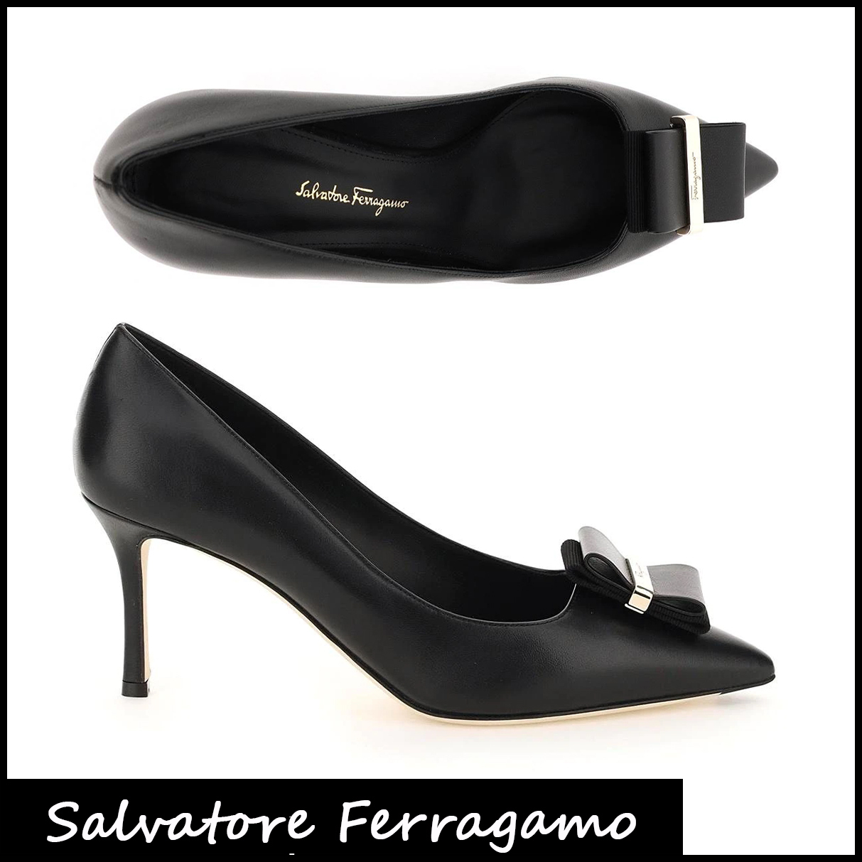 Salvatore Ferragamo】ブラック レザー ダブルボウ パンプス - iepfsas.com