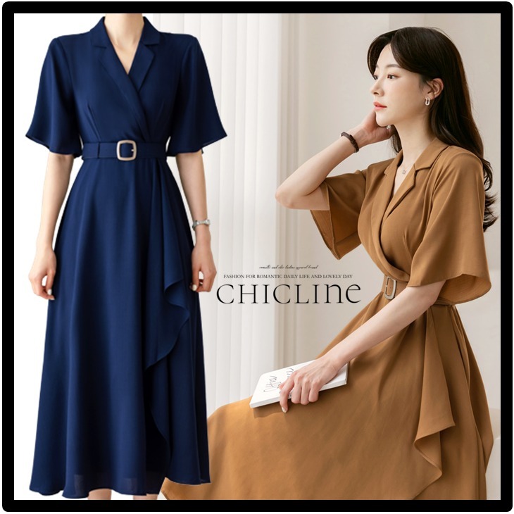 ★送料・関税込★CHICLINE ★ベルト付 片側ドレープ ワンピース