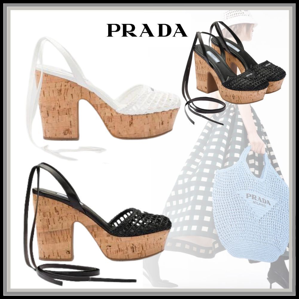 可愛いクリスマスツリーやギフトが! 【PRADA】上品 ラフィア ウェッジヒールサンダル サンダル・ミュール 可愛いクリスマスツリーやギフトが! 【PRADA】上品 ラフィア ウェッジヒールサンダル サンダル・ミュール