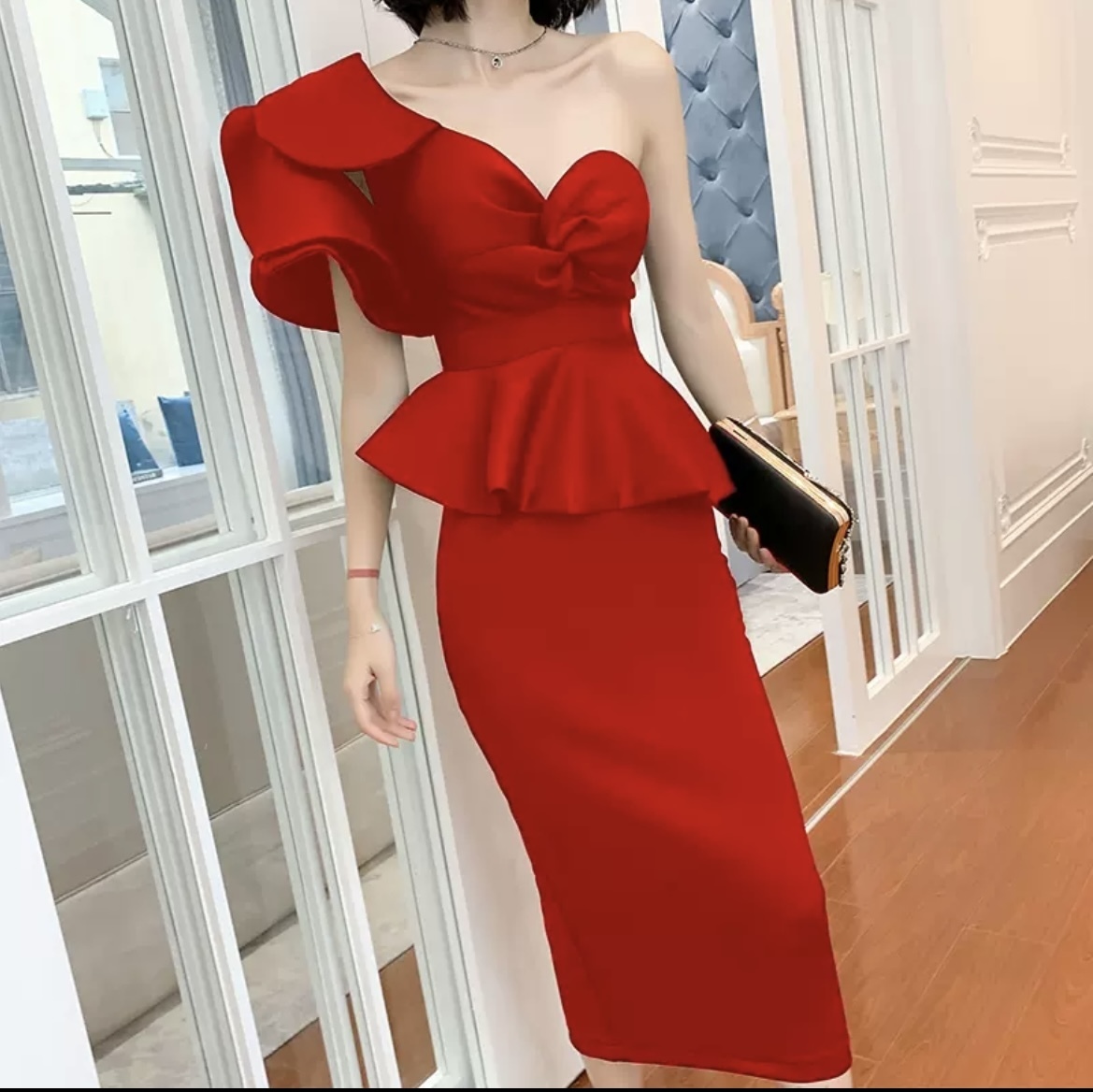 送料関税込■Mac Duggal■ロングスリーブ■ドレス■ MAC DUGGAL】ロングドレス グレー パフスリーブ 長袖
