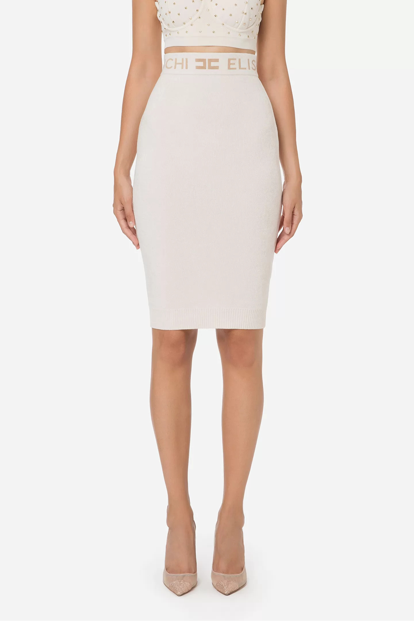 ELISABETTA FRANCHI ロゴ入り ロングスリーブシェニール ドレス | nort
