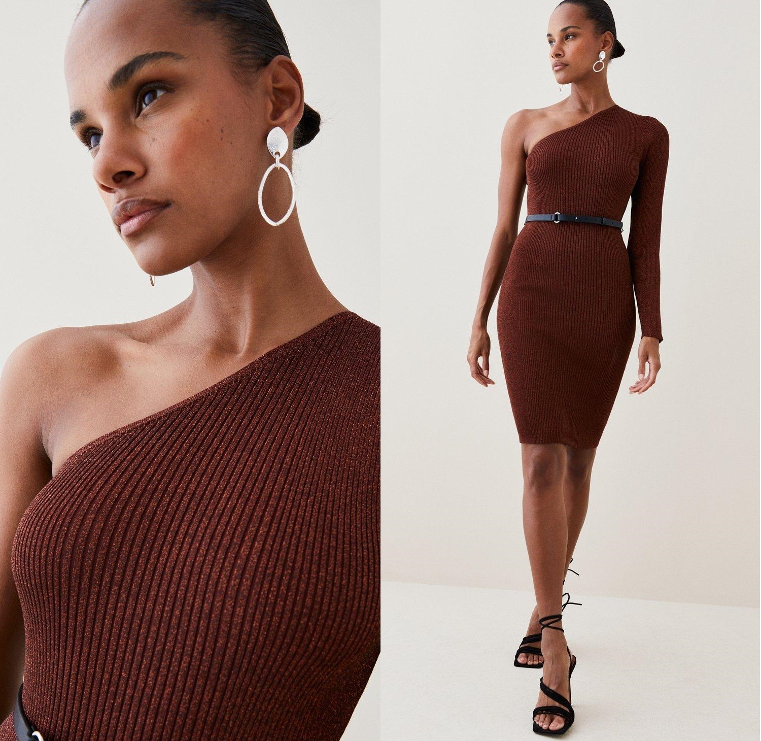 芸能人愛用 KAREN MILLEN ミディドレス ベルト付 リブニット ワンショルダ− ワンピース 芸能人愛用 KAREN MILLEN ミディドレス ベルト付 リブニット ワンショルダ− ワンピース