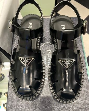 PRADA◆レザー アンクルストラップ グルカサンダル ラバーソール PRADA サンダル 1X853M 3LKK ラバー グルカ メッシュ(505989759