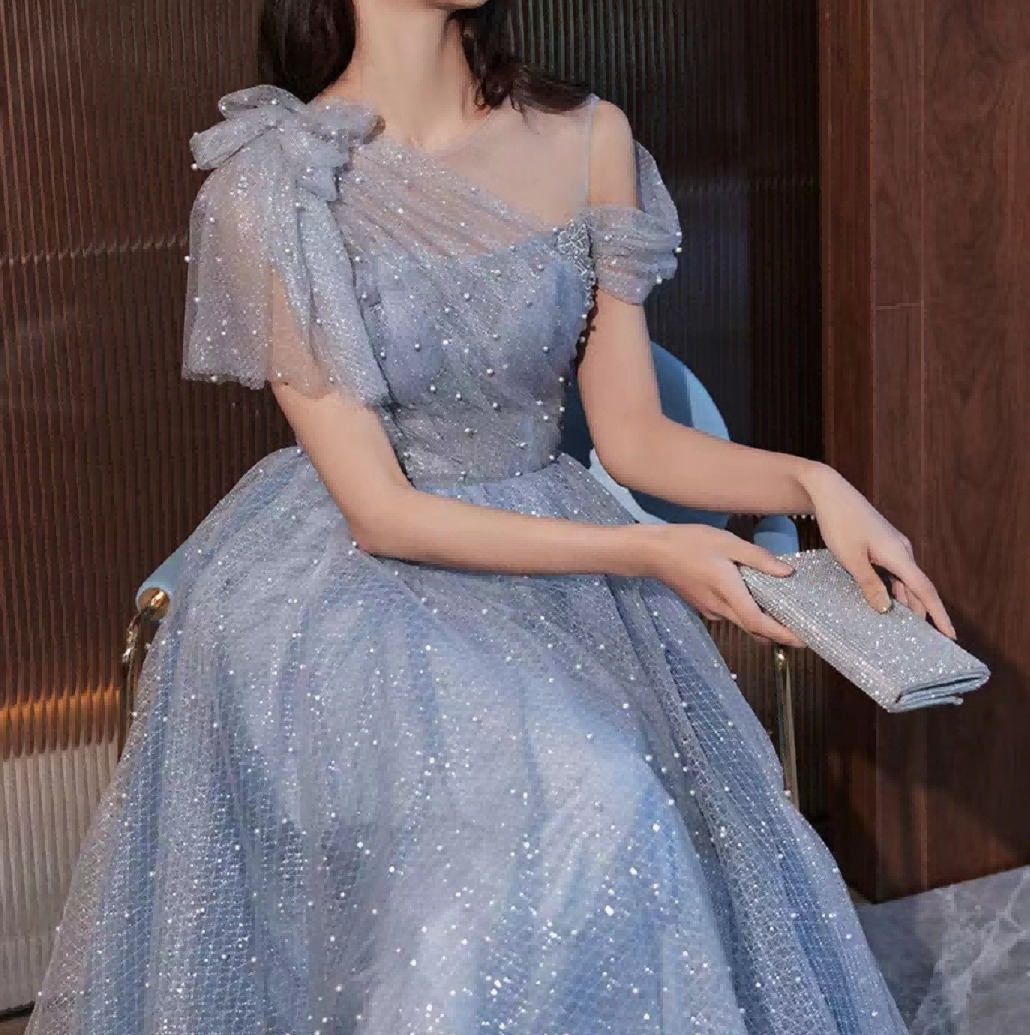 パーティー ウェディングドレス ブルー ふわふわ ロングオシャレ