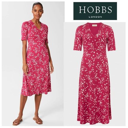 Hobbs London Dresses Flower Patterns Tight Flared V-Neck Medium Short Sleeves