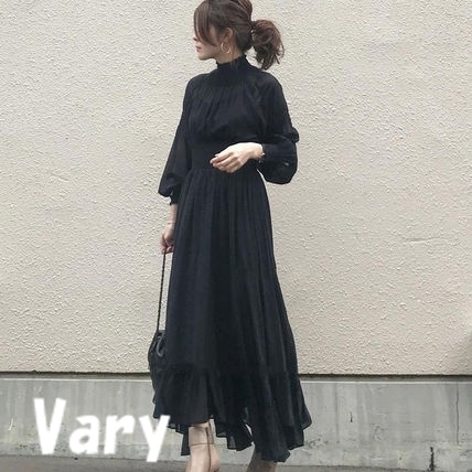 ワンピース マキシ丈 ランタンスリーブ シフォン ギャザー 11535