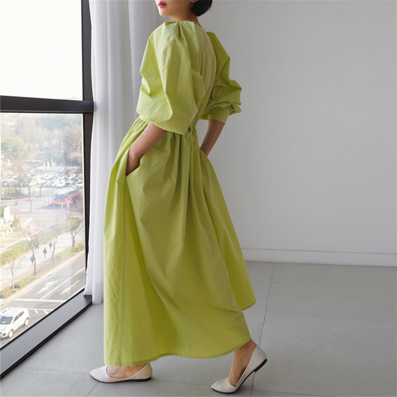 ボリューム袖 ワンピース フレア ロング丈 大人 綺麗め 韓国