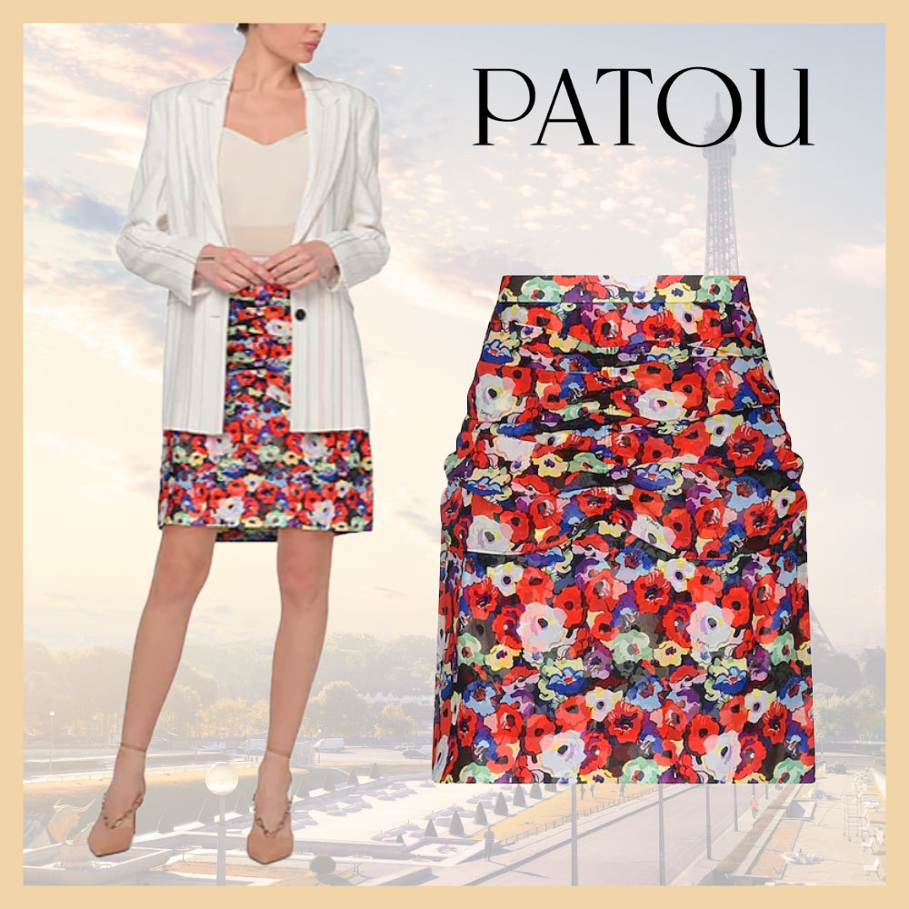 関税込【PATOU】パトゥ 花柄 シルク フリル ミディ丈 スカート