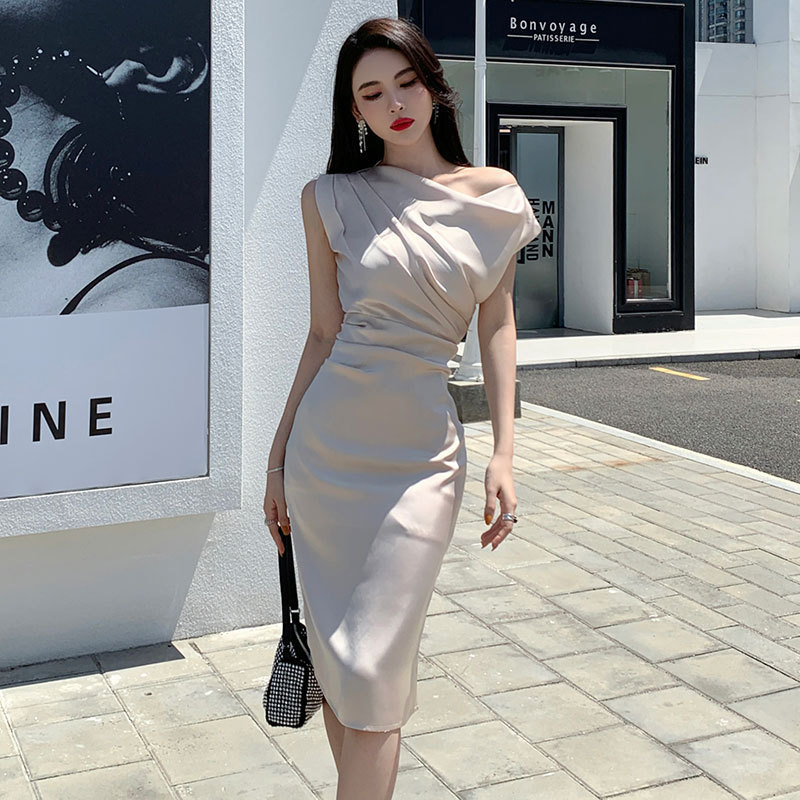 大人ドレス ドレープ肩出し ハイウエスト 膝丈 パーティ 韓国