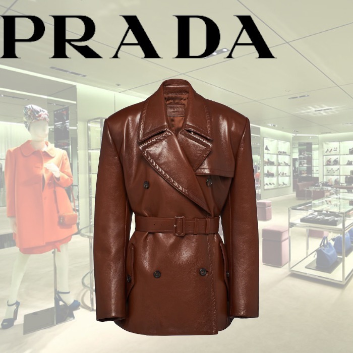 【22AW】新作 ダブルブレスト レザー ジャケット◆プラダ◆