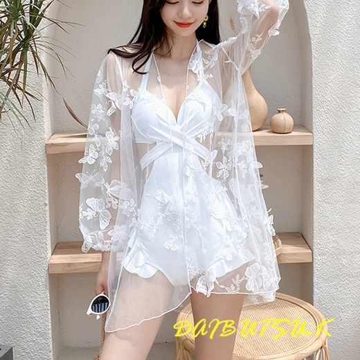 ワンピース水着 カーディガン付 大人可愛い 韓国人気 3色 M~XL