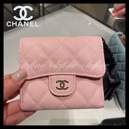 CHANEL Folding Wallets Plain Leather Folding Wallet Small Wallet Logo