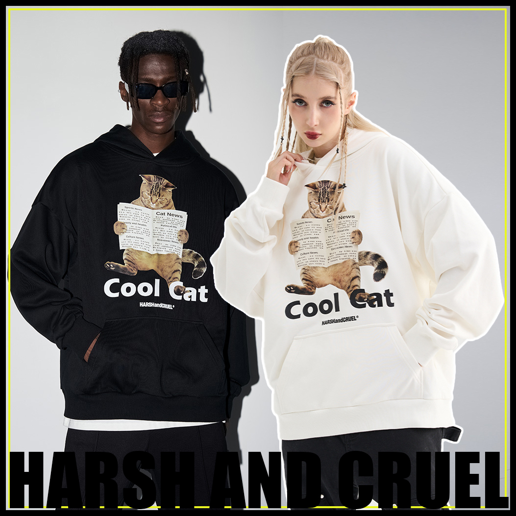 HARSH AND CRUEL 新作 パーカー ねこ プリント アート 男女兼用