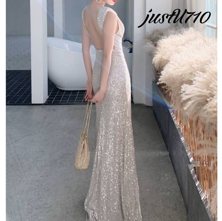 バックレス ドレス キラキラ Vネック ロング マーメイド スリム