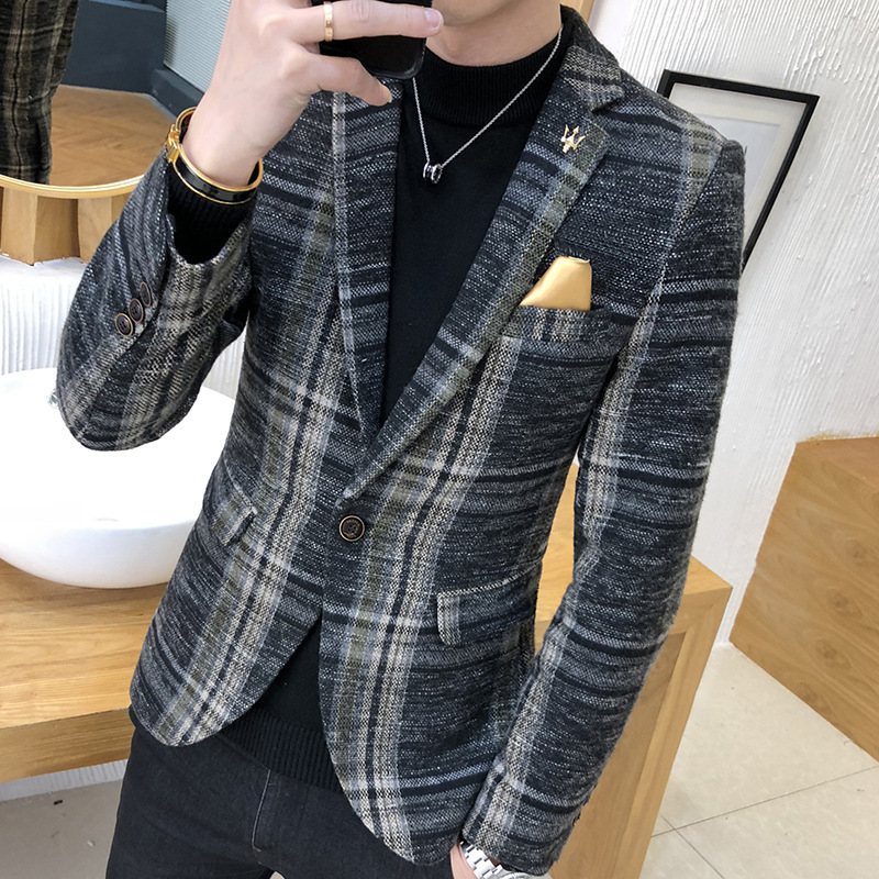 シングル 大人ジャケット チェック柄 紳士 スリム 韓国 厚手 A