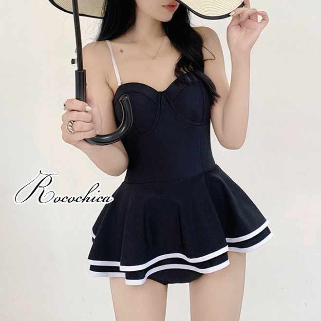 M~XL★女性らしい雰囲気の 配色 フレア ワンピース水着 rw0135